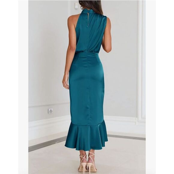 NEW Satin Sleeveless Mock Neck Wrap Mermaid Hem Maxi Dress XL - Picture 4 of 8